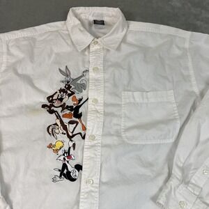 Vintage Looney Tunes Shirt Mens Large White Button Down Embroidered Oxford 90s